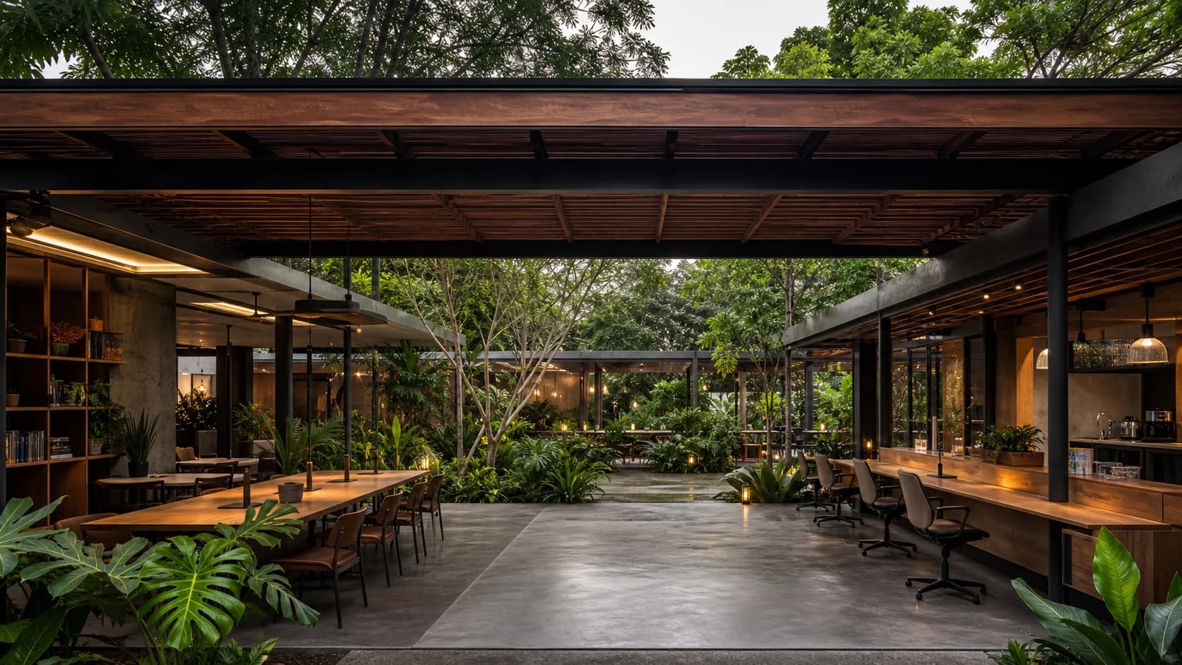 Không gian Waseda — cafe, cây xanh và kết cấu gỗ